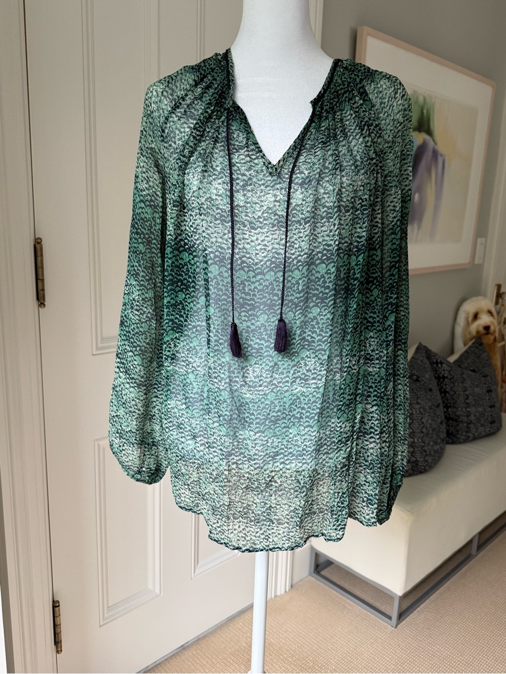 Calypso St. Barth Green Patterned Sheer Peasant Blouse